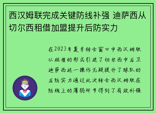西汉姆联完成关键防线补强 迪萨西从切尔西租借加盟提升后防实力 西汉姆联完成关键防线补强 迪萨西从切尔西租借加盟提升后防实力