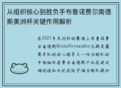 从组织核心到胜负手布鲁诺费尔南德斯美洲杯关键作用解析